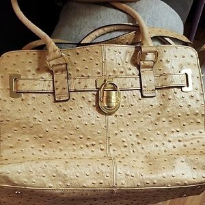 Calvin Klein Tan Leather Satchel with Gold Clasp & Ostrich Textured Finish NWOT
